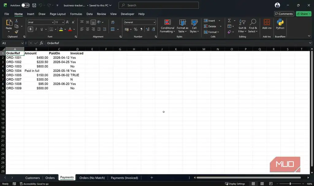 نمای زبانه پرداختها در فایل Excel