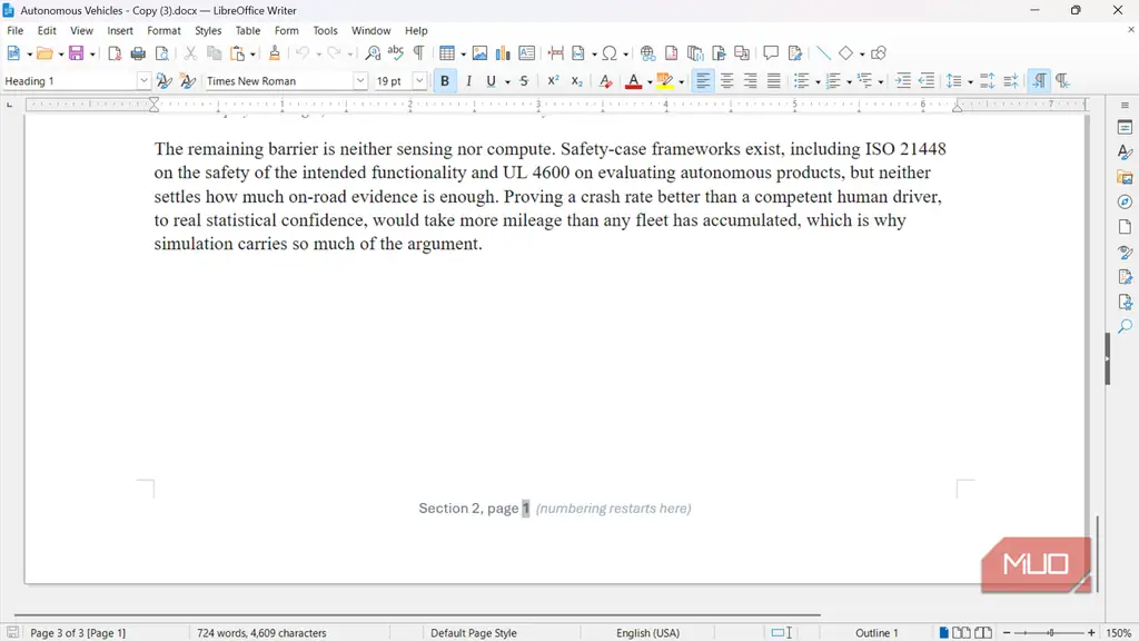 صفحه پایانی گزارش خودروهای خودران در LibreOffice Writer