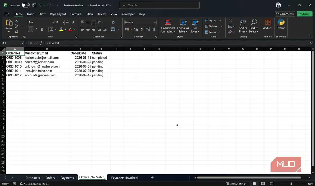 جدول Excel با سفارش بدون تطابق در دادهها