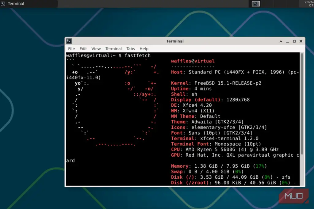 نمایش Xfce در FreeBSD با fastfetch