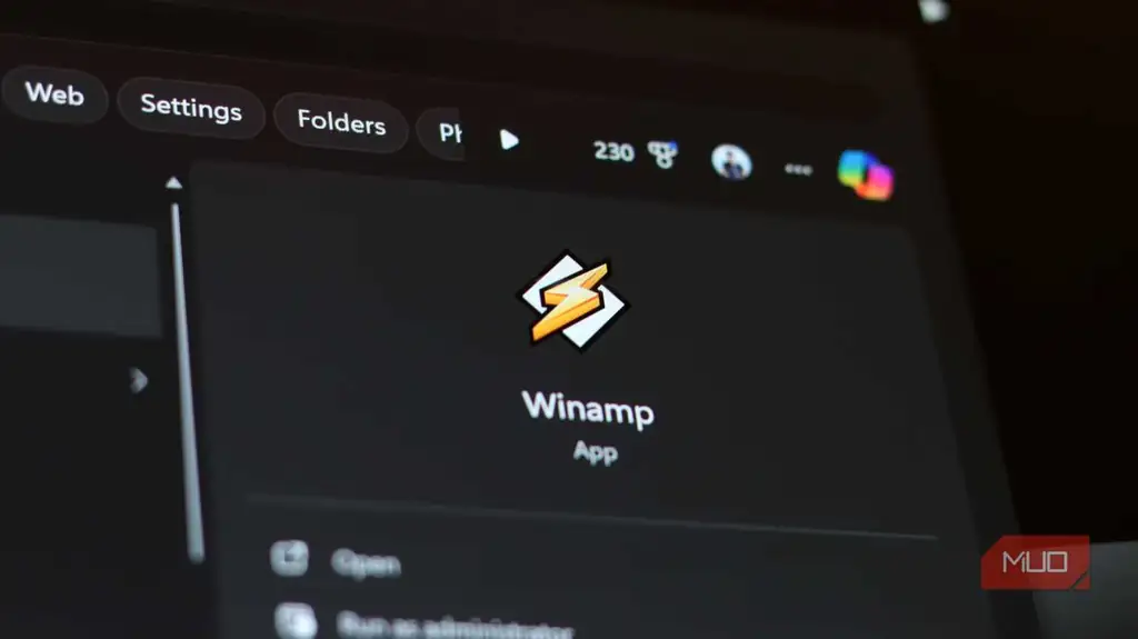 لوگوی Winamp در منوی Start ویندوز 11