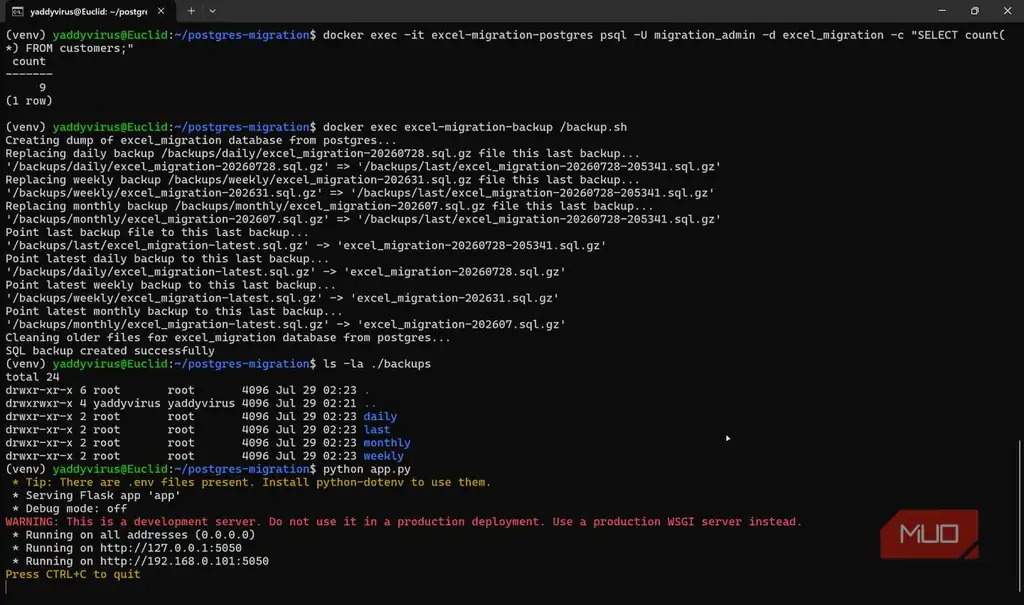 داشبورد در حال اجرای Postgres پس از راهاندازی