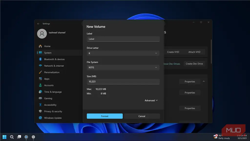 پنجره انتخاب برچسب برای VHD در ویندوز ۱۱