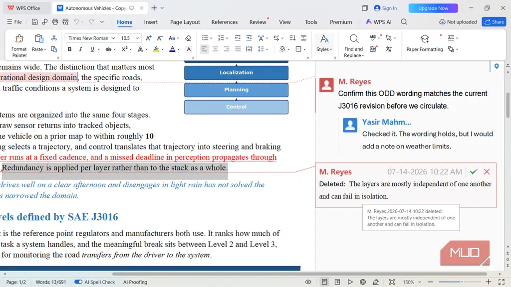 نمایش پیشنهاد برای خط حذف‌شده در WPS Office