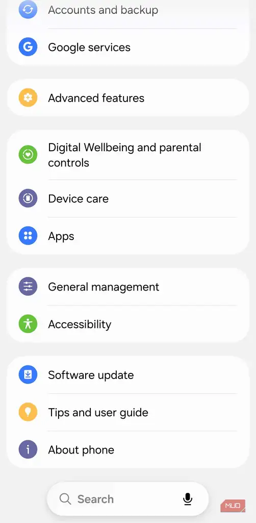 منوی تنظیمات Settings سامسونگ با گزینه Device Care