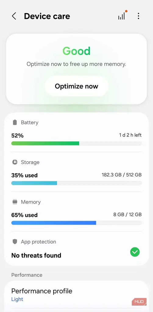 داشبورد Device Care سامسونگ با دکمه Optimize now