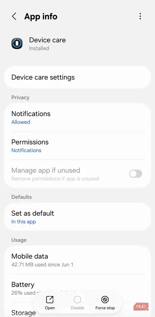 صفحه تنظیمات App info برنامه Device Care