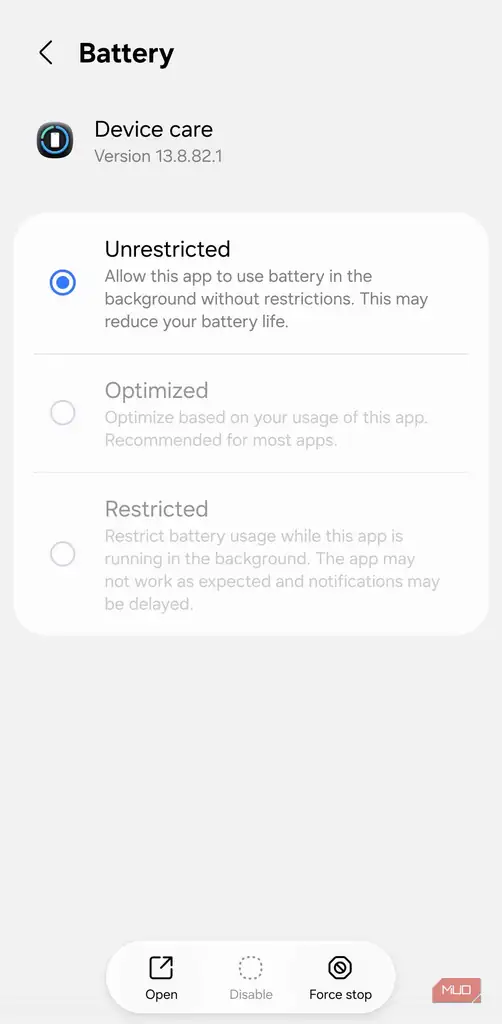 تنظیمات باتری Unrestricted برای Device Care سامسونگ