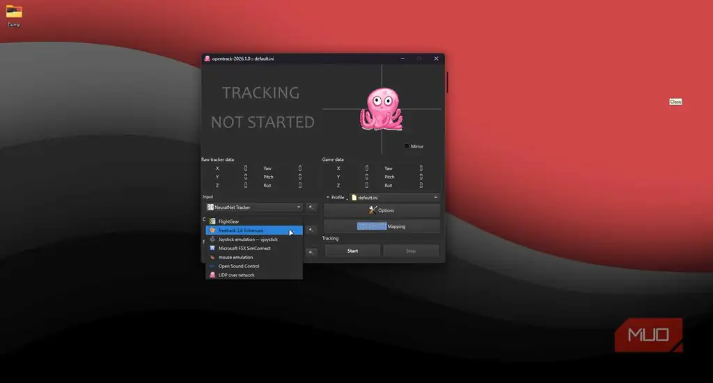 گزینه خروج Freetrack در OpenTrack