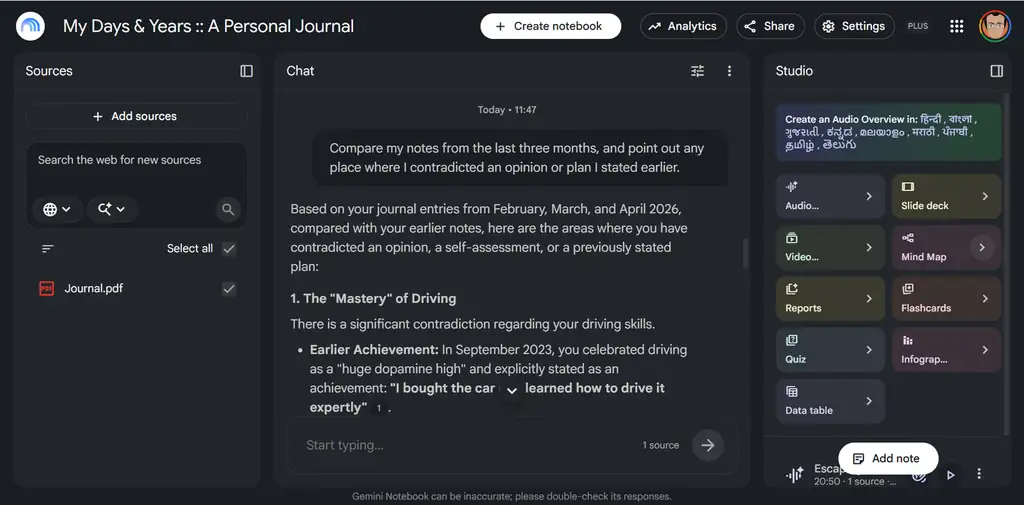 Gemini Notebook که نوشتههای روزانه را مقایسه و یک طرح متناقض را علامتگذاری میکند