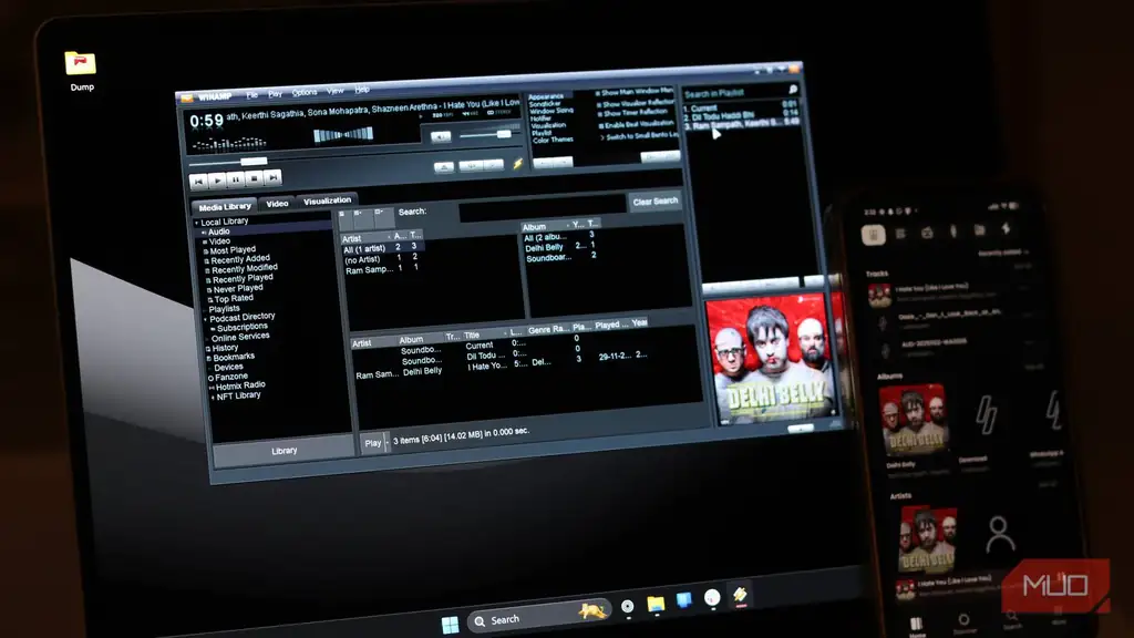 Winamp روی لپ تاپ Windows 11 و نمای برنامه موبایل