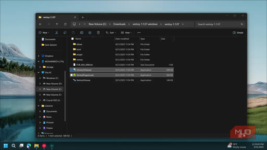 نمایش فایل Ventoy2Disk.exe در فایل اکسپلورر ویندوز ۱۱