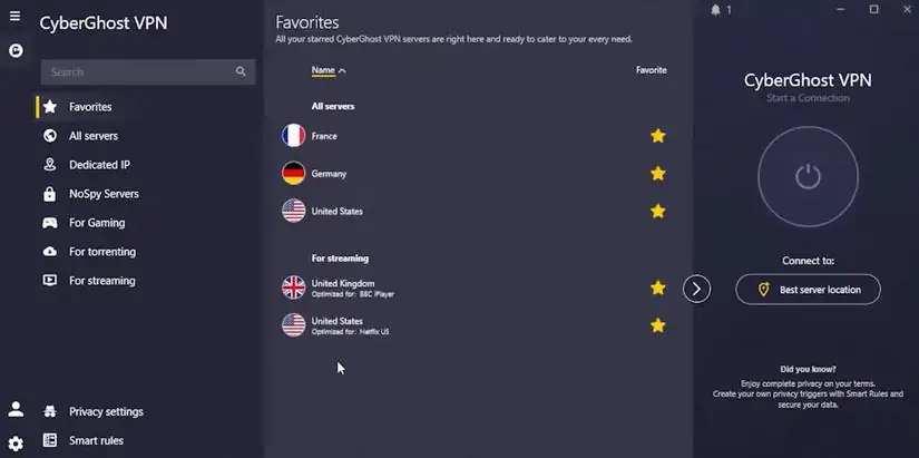 منوی پیش‌فرض صفحه اصلی CyberGhost VPN