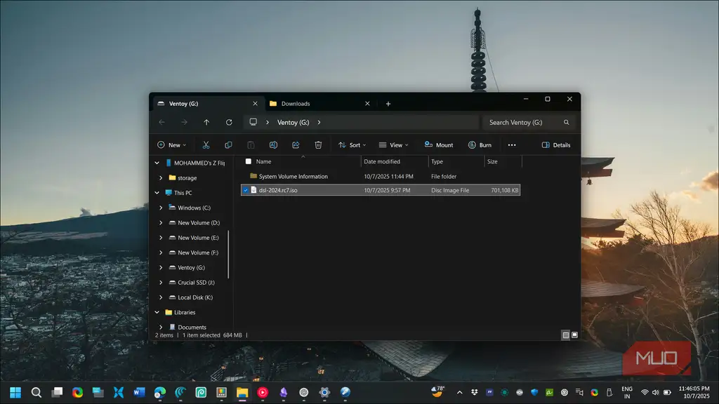 فایل ISO توزیع لینوکس در پوشه درایو Ventoy