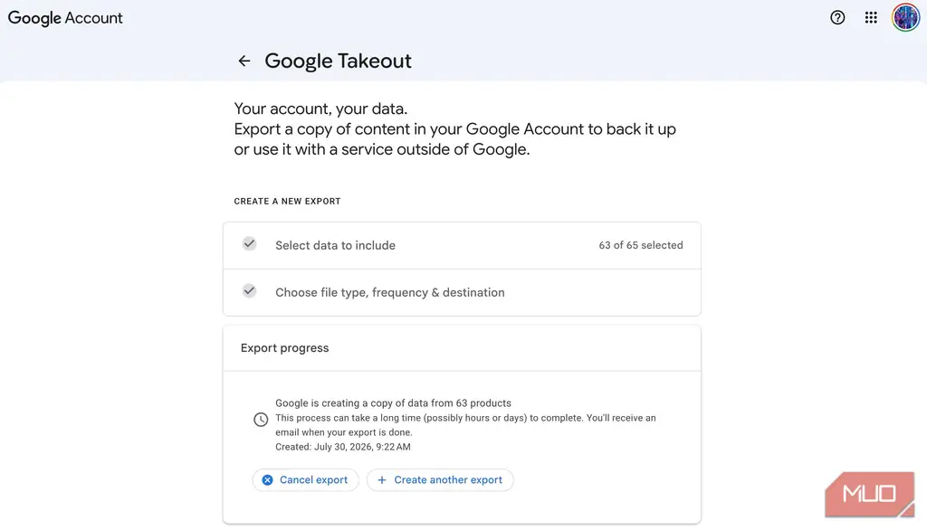اسکرینشات از پردازش فایلها در Google Takeout