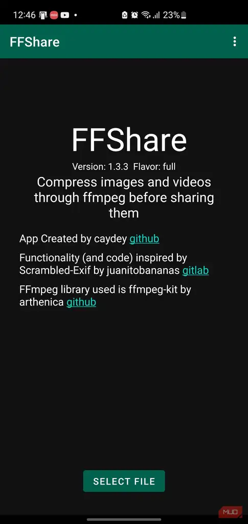 صفحه درباره برنامه FFShare با دکمه انتخاب فایل
