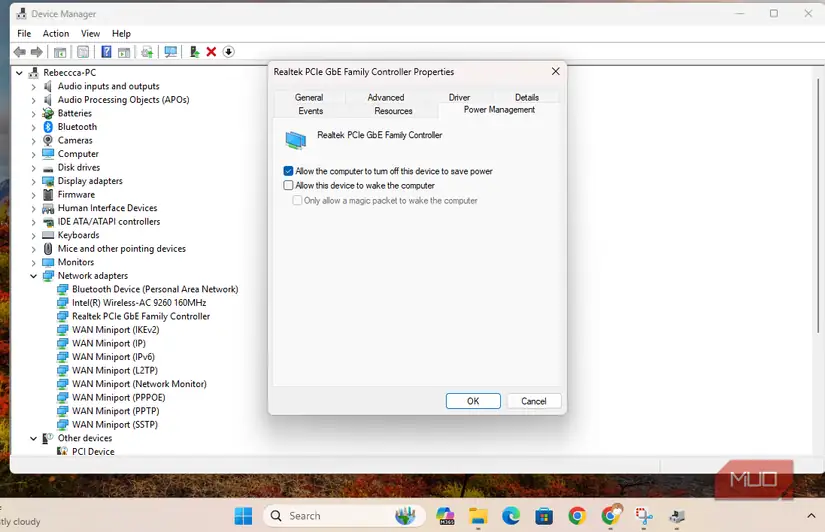 گزینه مدیریت انرژی اترنت در Device Manager ویندوز