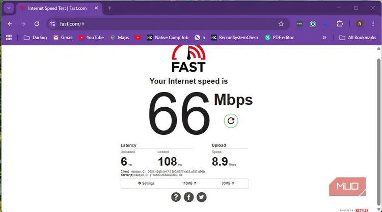 نتیجه تست سرعت اینترنت پس از غیرفعال کردن Energy Efficient Ethernet
