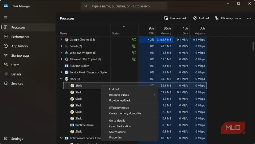 Efficiency mode در پنجره Task Manager ویندوز