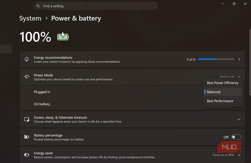 Power Mode در Settings ویندوز