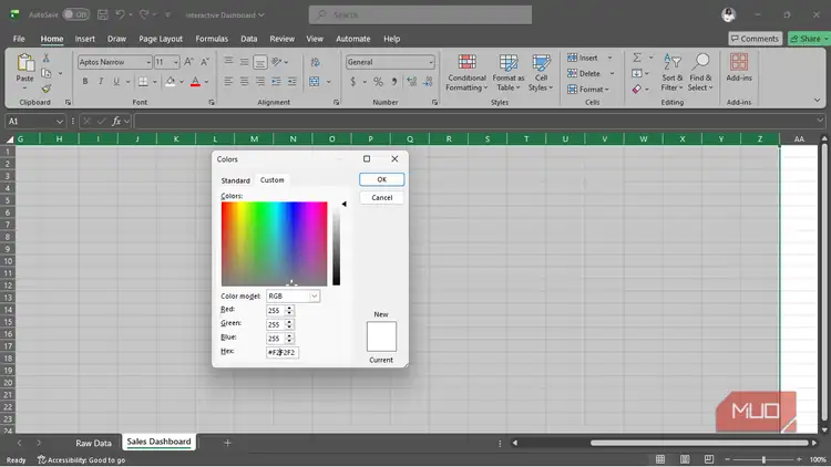 یک شیت خالی اکسل با باز بودن منوی انتخاب رنگ (Fill Colors)