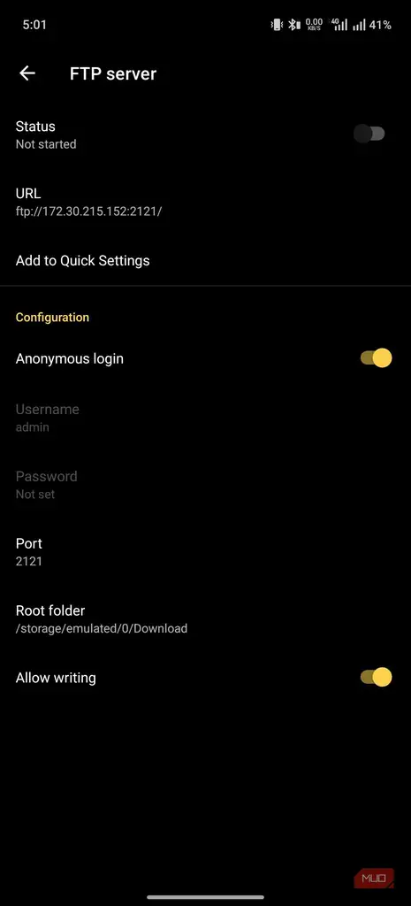 رابط کاربری سرور FTP در برنامه Material Files