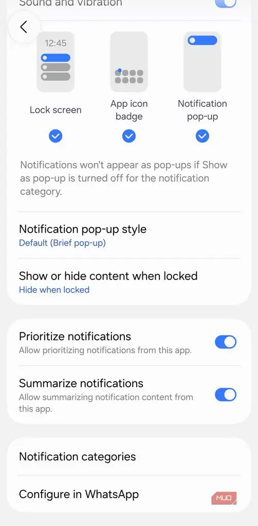 ضربه زدن روی Notification categories برای تنظیم دقیق هشدارهای WhatsApp