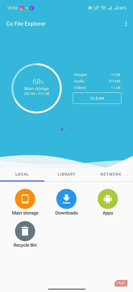 رابط کاربری اصلی برنامه Cx File Explorer