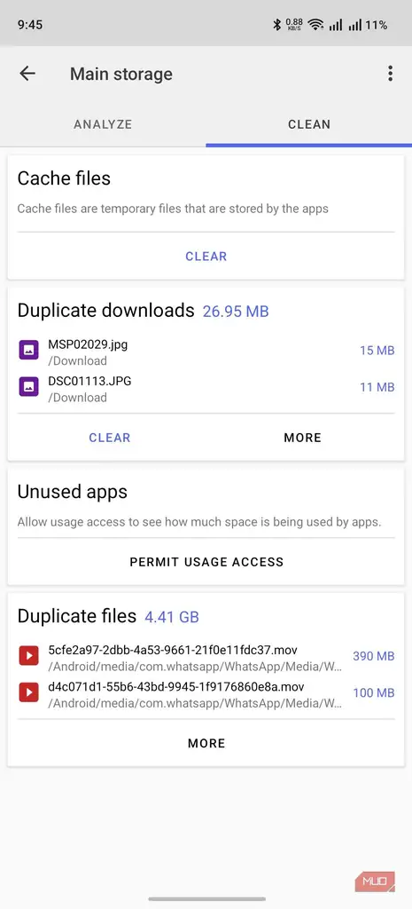 رابط کاربری پاکسازی فایل ها در Cx File Explorer
