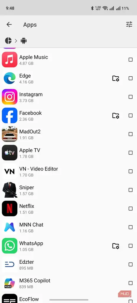 رابط کاربری مدیریت برنامه ها (app manager) در Cx File Explorer