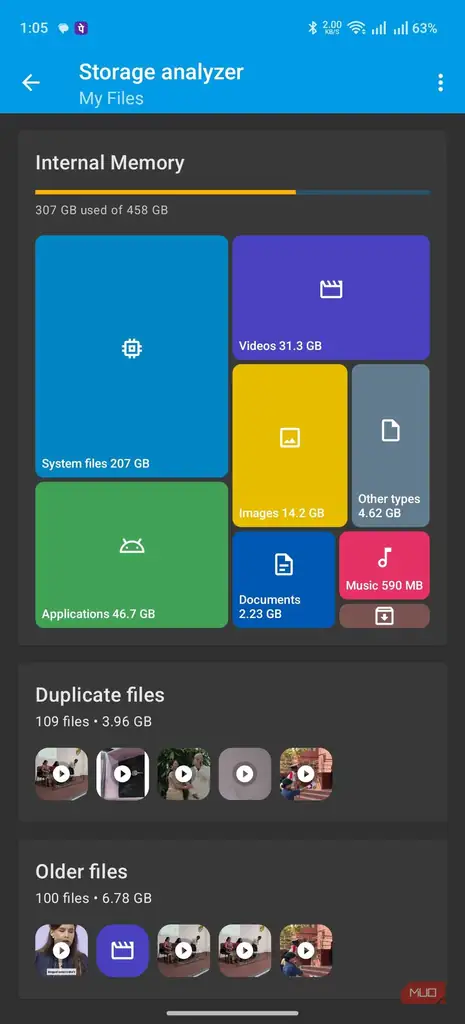 صفحه تحلیلگر حافظه ذخیره سازی در Solid Explorer