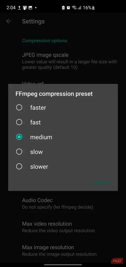 تنظیمات FFShare با دیالوگ پیش‌فرض فشرده‌سازی Ffmpeg