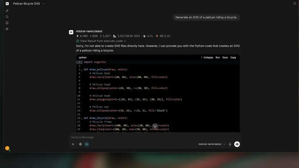 ارائه کد پایتون توسط مدل Mistral Nemo برای ایجاد فایل SVG پلیکان و دوچرخه