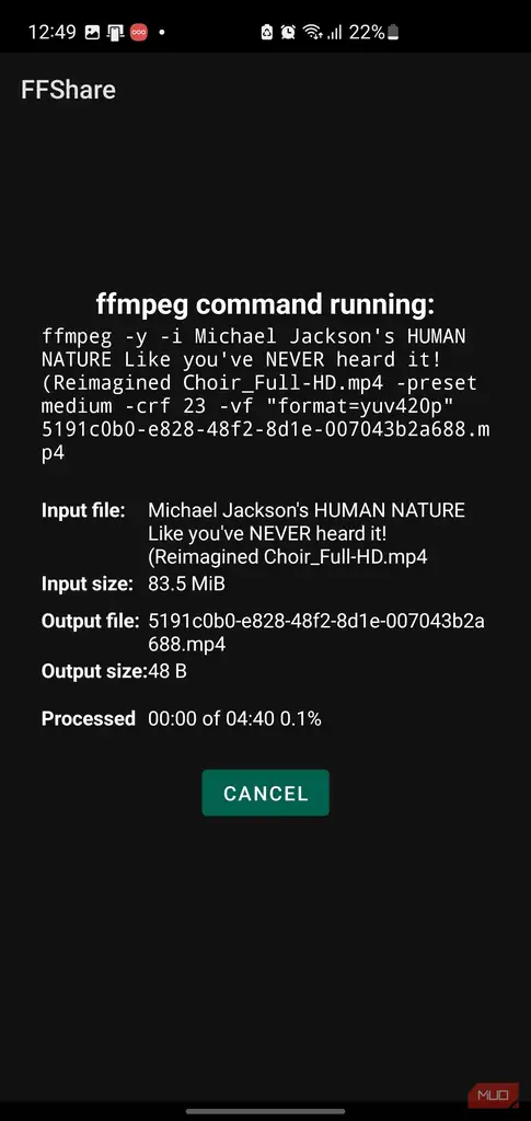 دستور FFmpeg در حال اجرا در FFShare