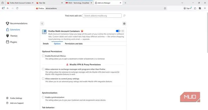 گزینه‌های مدیریت Multi-Account Containers