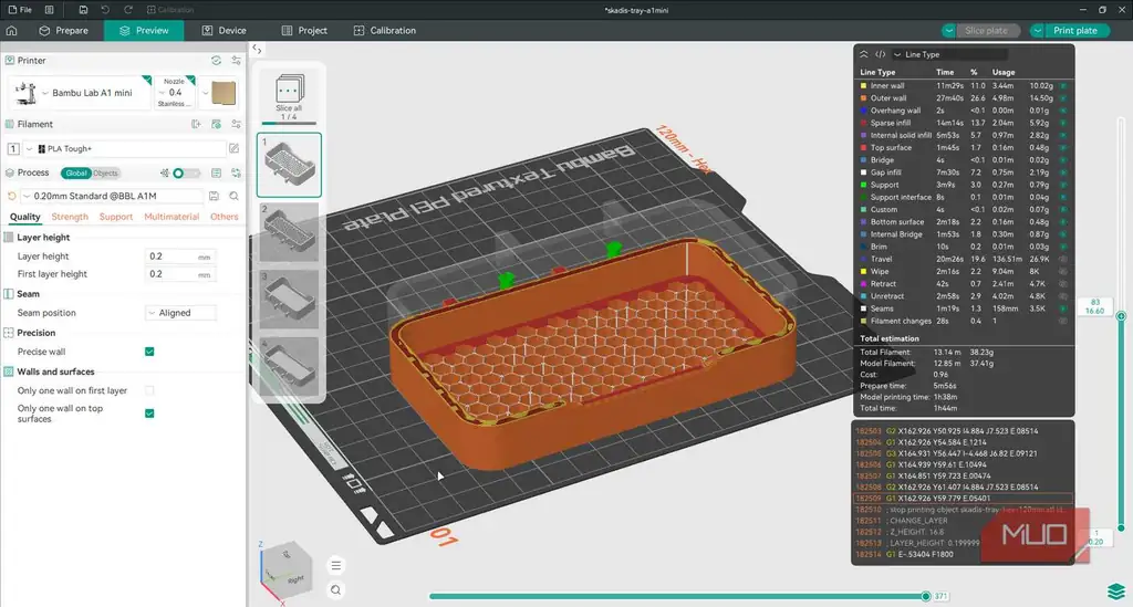 زبانه پیشنمایش OrcaSlicer با نمایش مدل سهبعدی آماده برای چاپ