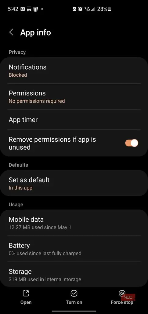 صفحه اطلاعات برنامهها در تنظیمات گوشی سامسونگ