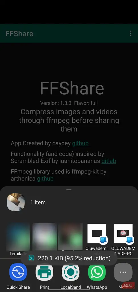 رابط اشتراک‌گذاری برنامه FFShare با جزئیات فشرده‌سازی