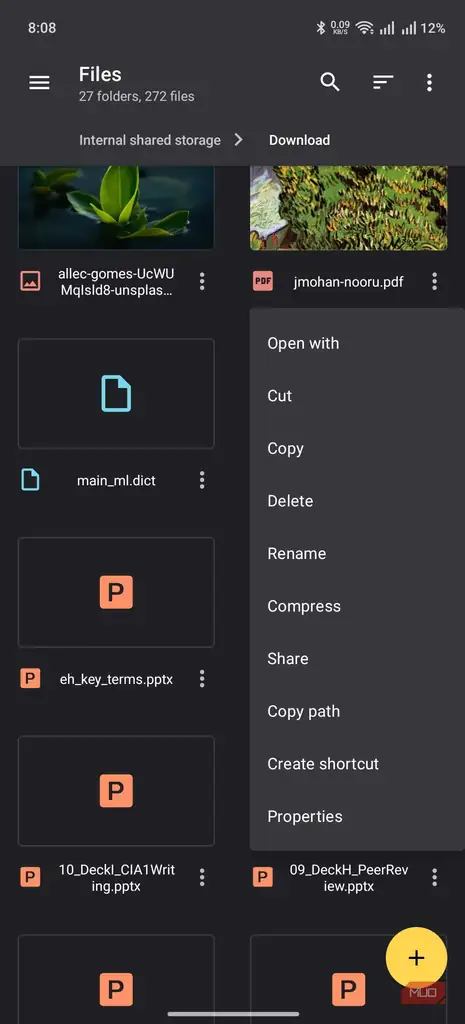 گزینه های منوی زمینه (contextual menu) در Material Files