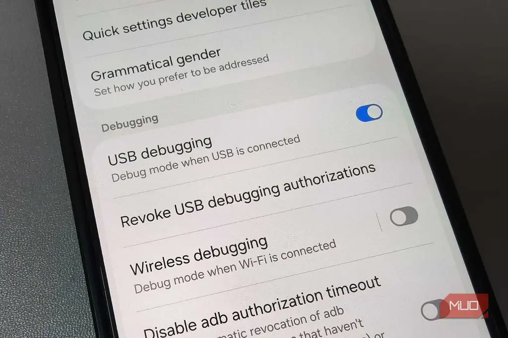 منوی Developer options سامسونگ با فعال بودن USB debugging