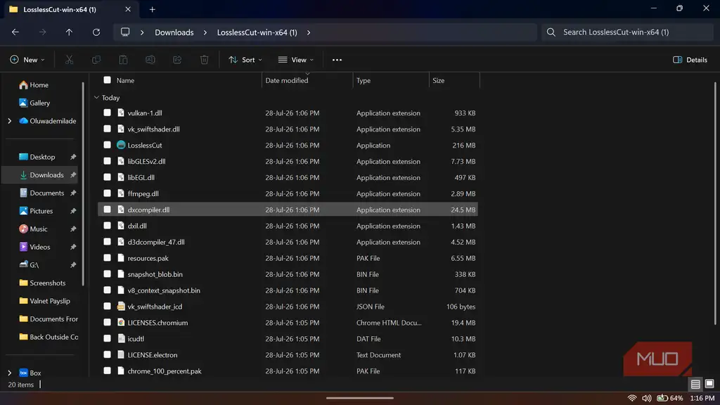 محتویات پوشه دانلودشده LosslessCut در Windows File Explorer