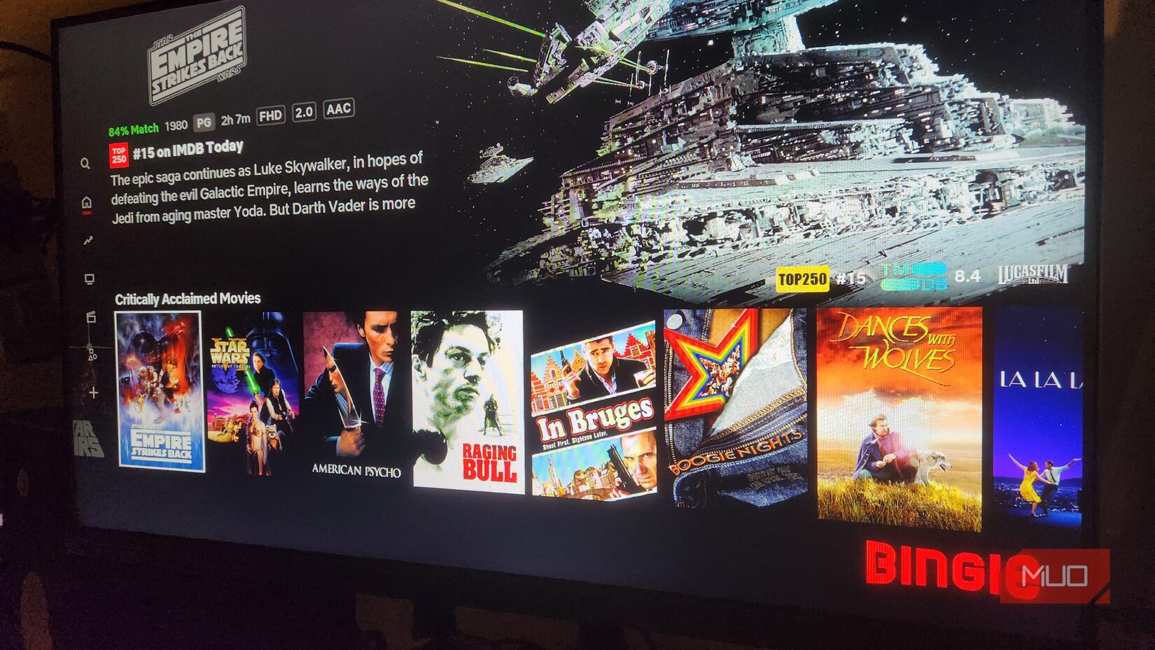 صفحه اصلی پوسته Bingie در Kodi.