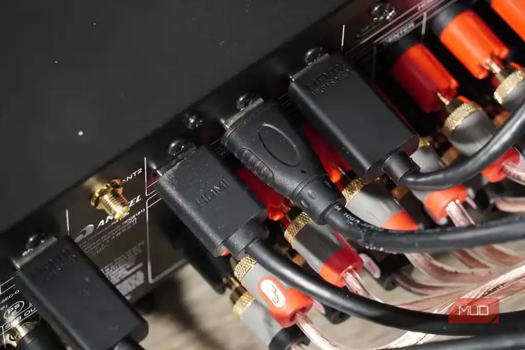 چند کابل HDMI متصل به ورودیها و خروجیهای 8K پشت گیرنده صوتیتصویری.