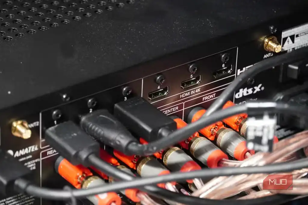 سه درگاه HDMI 8K پر و سه درگاه HDMI 4K خالی روی گیرنده صوتیتصویری.