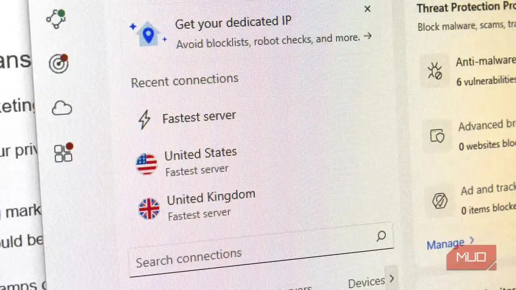 نمایی از گزینههای اتصال VPN در اپلیکیشن NordVPN روی گوشی.