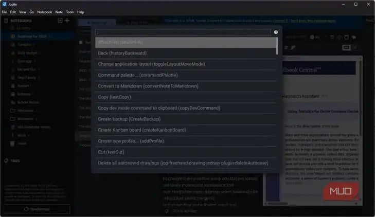 نمای command palette در Joplin برای اجرای سریع فرمانها.