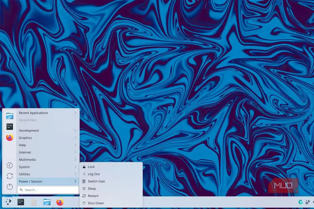 منوی شروع KDE روی یک دسکتاپ لینوکسی.