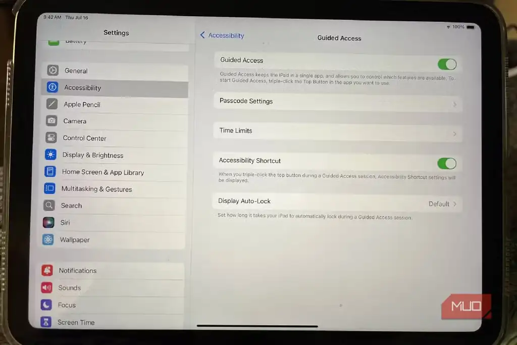 صفحه تنظیمات Guided Access در iPad.
