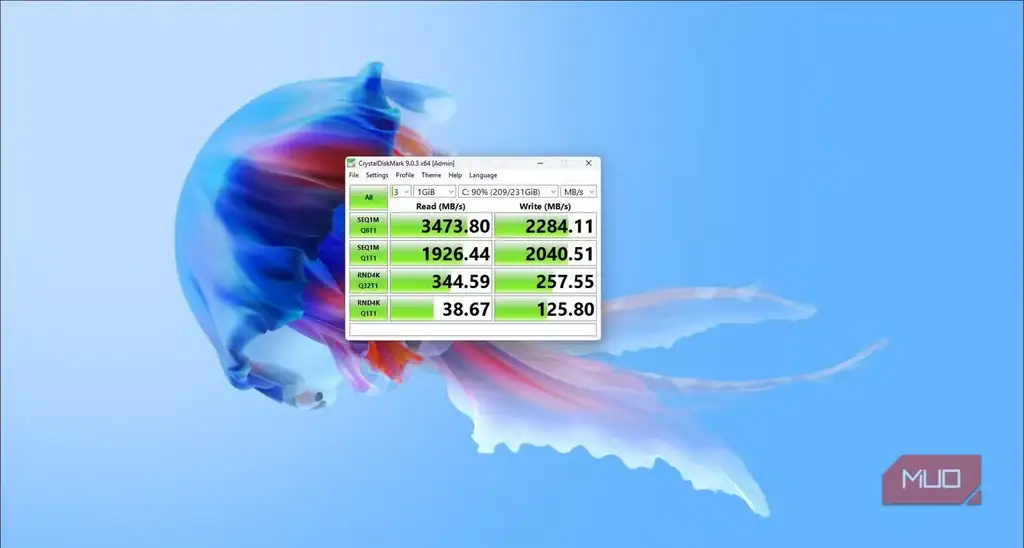 نمایش نتیجه بنچمارک CrystalDiskMark برای SSD Samsung 970 EVO Plus در ویندوز ۱۱.