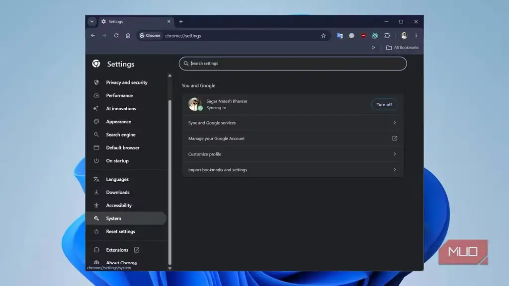 صفحه تنظیمات Google Chrome با بخش System در نوار کناری.